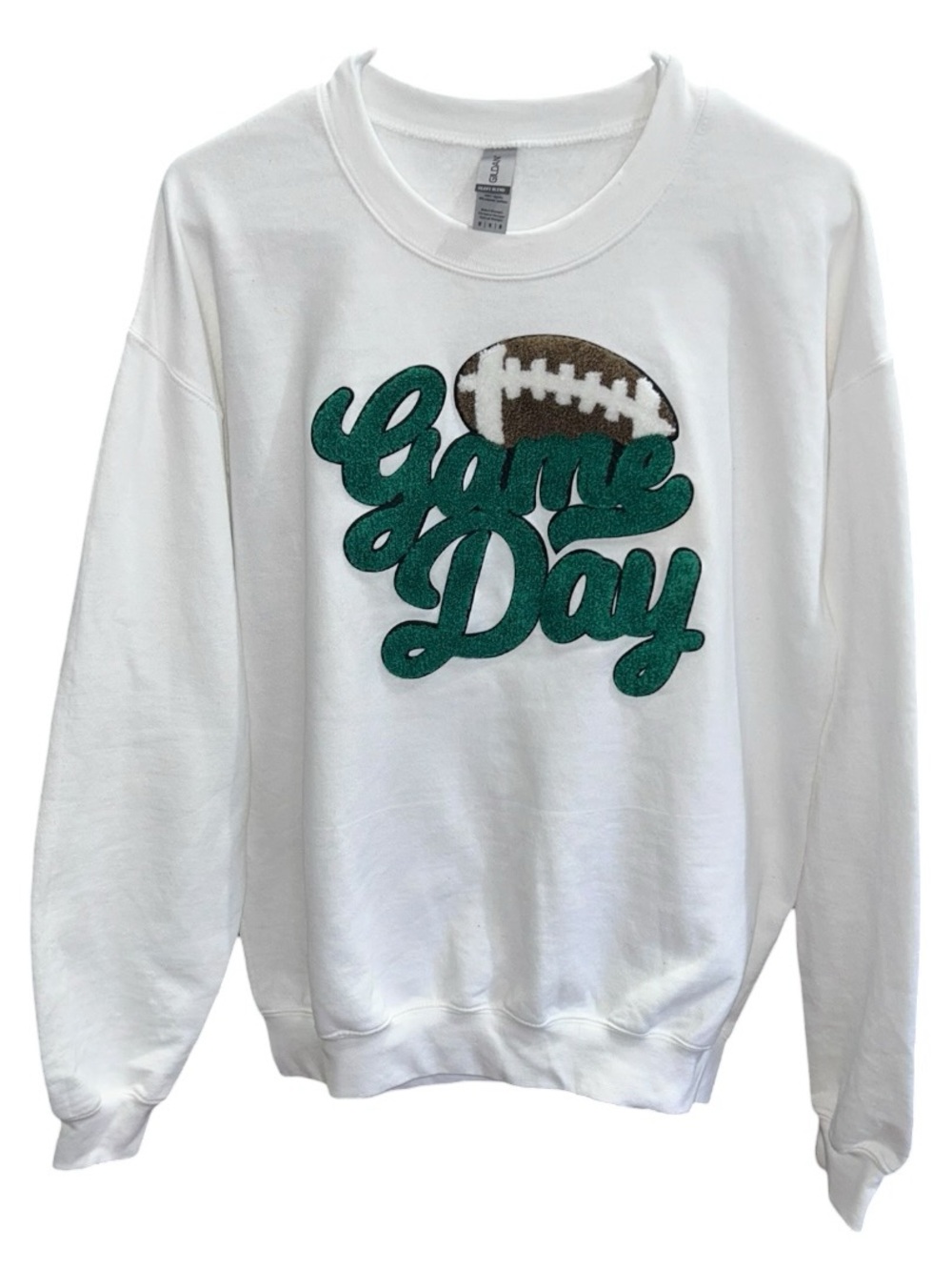 Game Day Football Chenille Patch Crewneck Sweatshirt White Medium - Picture 2 of 6